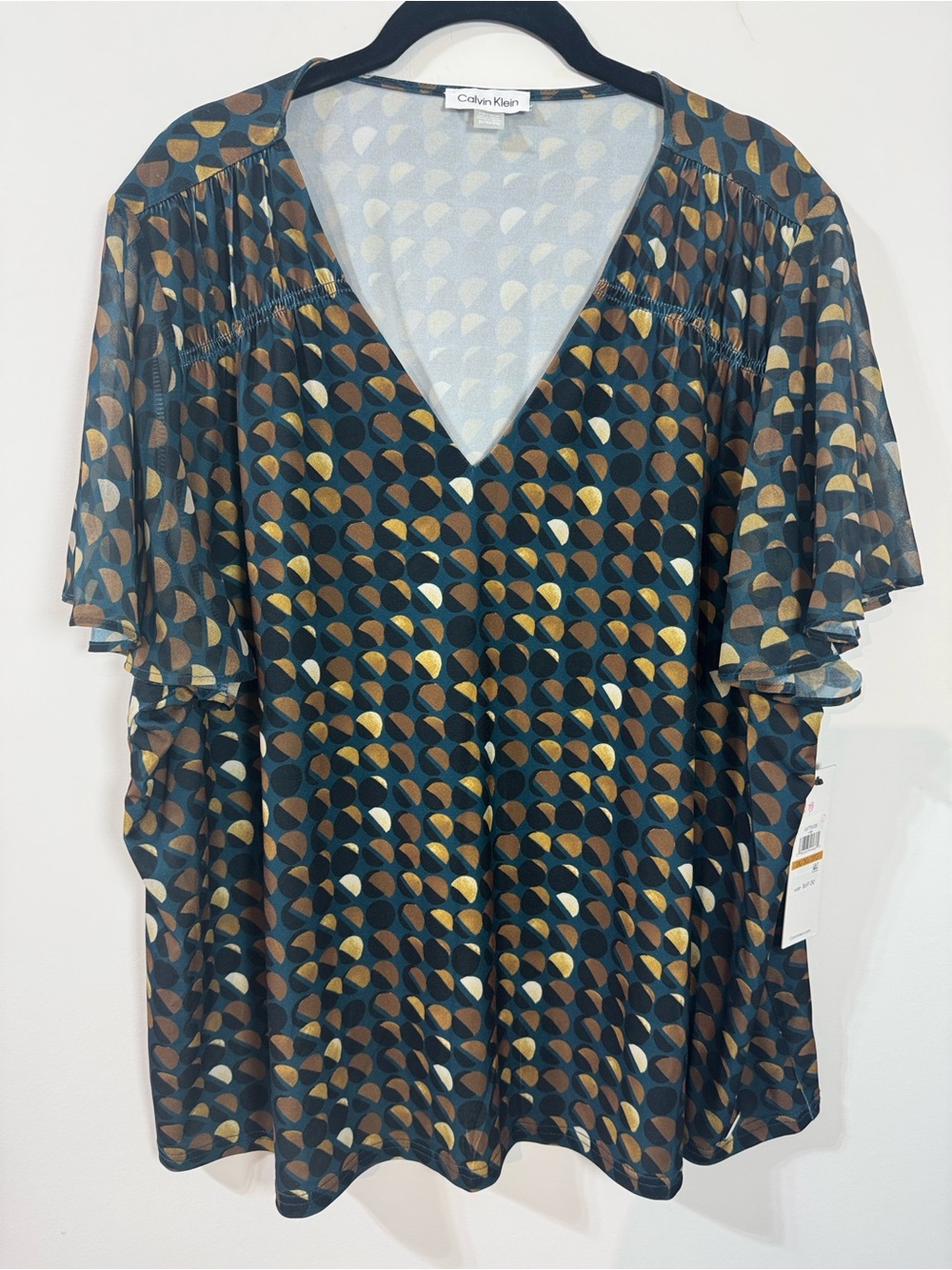 Calvin Klein Navy V-Neck Flutter Sleeve Blouse with Gold and Tan Dot Print